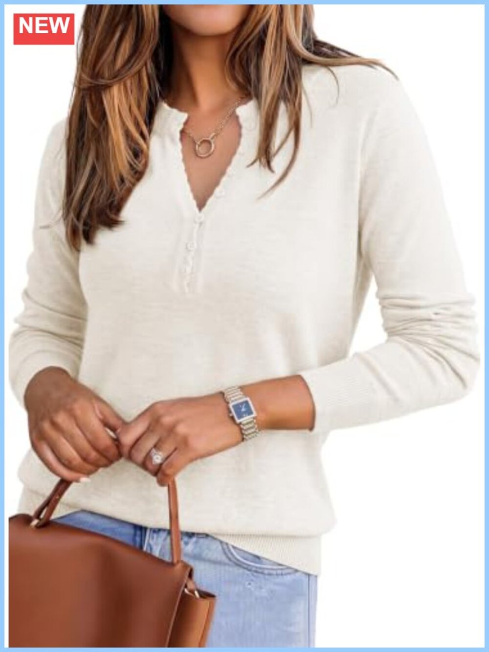 Womens Wool Blend V-Neck Sweater Button Detail Ribbed Cuffs Lightweight